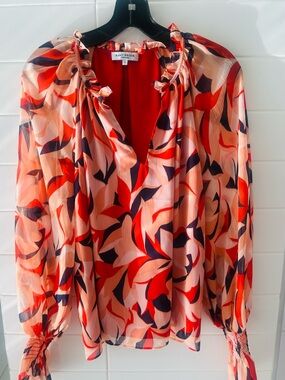 Ramy Brook Coral and Navy Sheer Ruffle-Neck Blouse